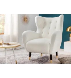 Fotel DON biały ze złotymi nakładkami bouclé*Invicta Interior Outlet