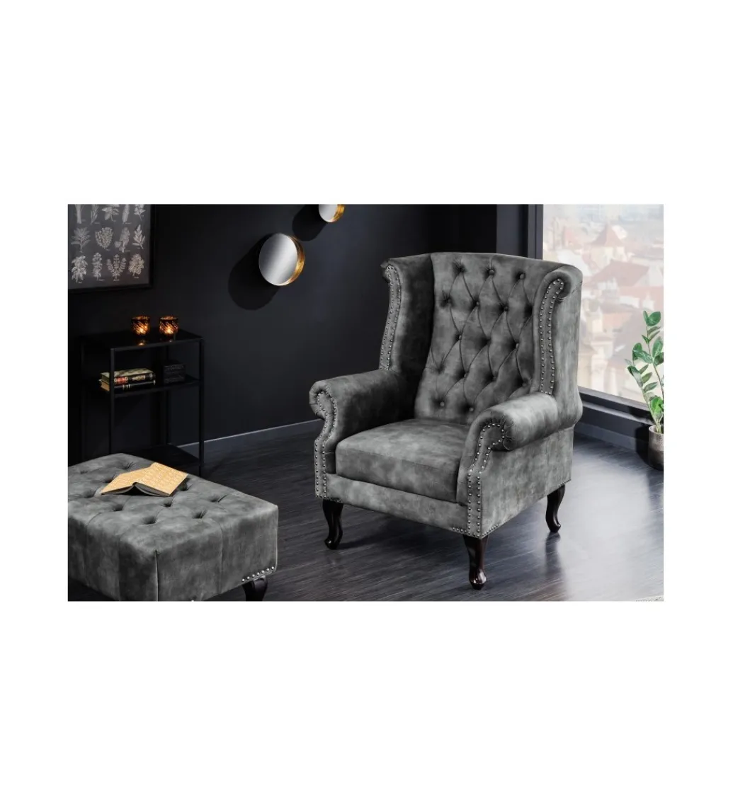 Podnóżek BRIGIDA Chesterfield 80 cm szary*Invicta Interior Best