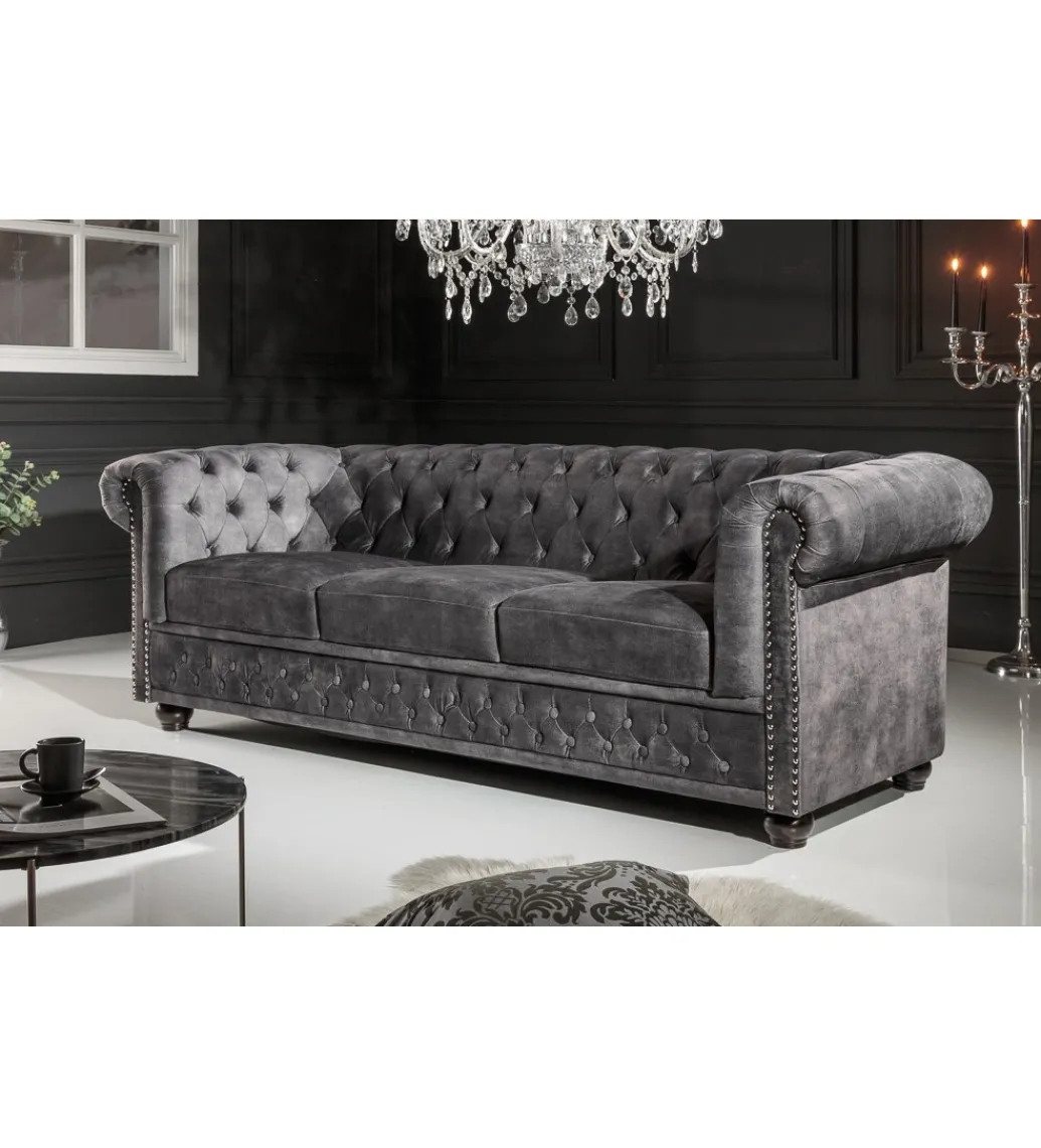 Sofa ARIELLE Chesterfield 205 Cm szary aksamit*Invicta Interior