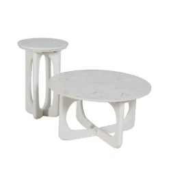 Stolik kawowy ONAKI 75 cm drewno mango marmur biały*Zona-Design New