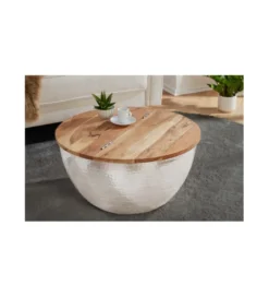 Stolik Kawowy Storage Orient 60 Cm srebrny Z Blatem drewna akacji*Invicta Interior Discount