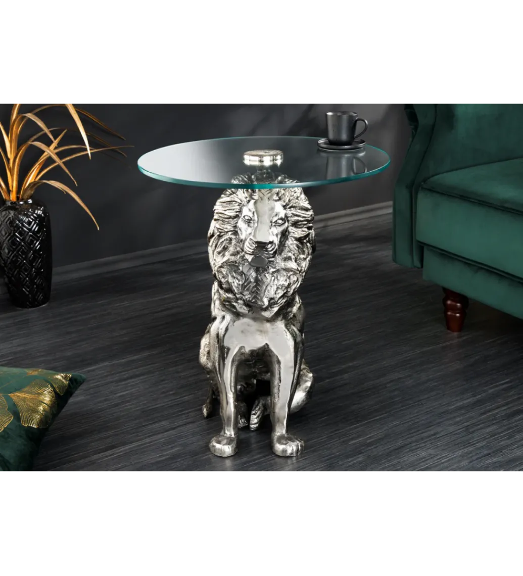 Stolik kawowy WILDLIFE LION 60 cm antyczne srebro*Invicta Interior