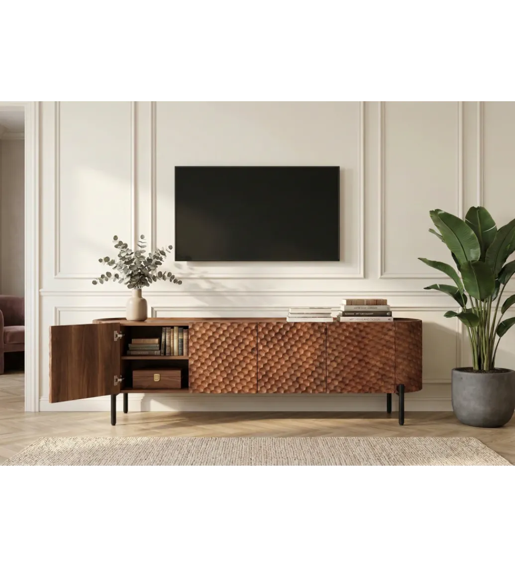 Stolik pod TV ADLON 200 cm drewno mango wzór 3D*Invicta Interior