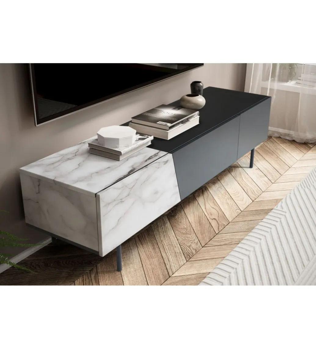 Stolik pod TV BONNA 150 cm czarna z optyką białego marmuru*WOHNLING, GERMANY Online