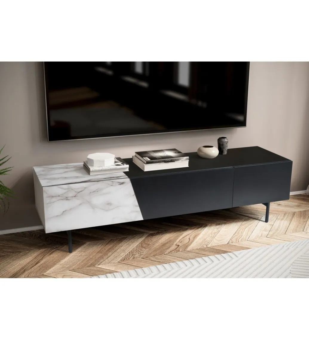 Stolik pod TV BONNA 150 cm czarna z optyką białego marmuru*WOHNLING, GERMANY Online