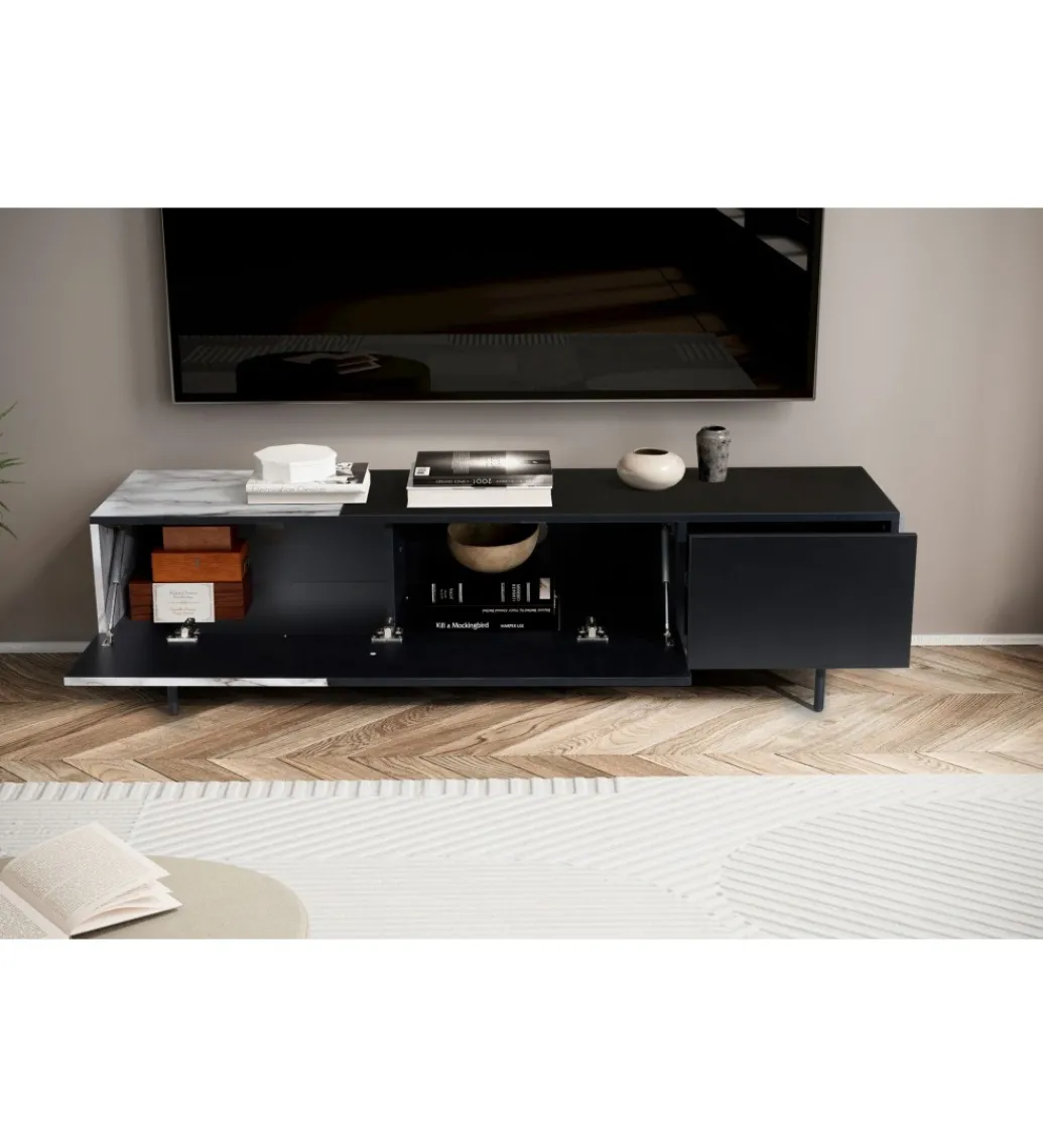 Stolik pod TV BONNA 150 cm czarna z optyką białego marmuru*WOHNLING, GERMANY Online