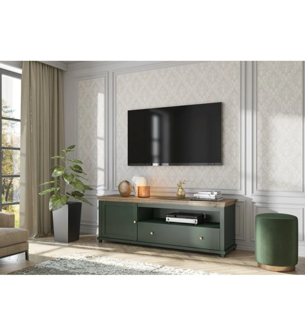 Stolik pod TV EVORA 181 cm zielony z dodatkiem koloru dąb Lefkas*Helvetia New