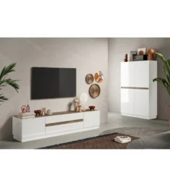 Stolik pod TV FANTASY 205 cm biały z dodatkiem koloru dąb Mercure*MCA Linia Włoska Clearance