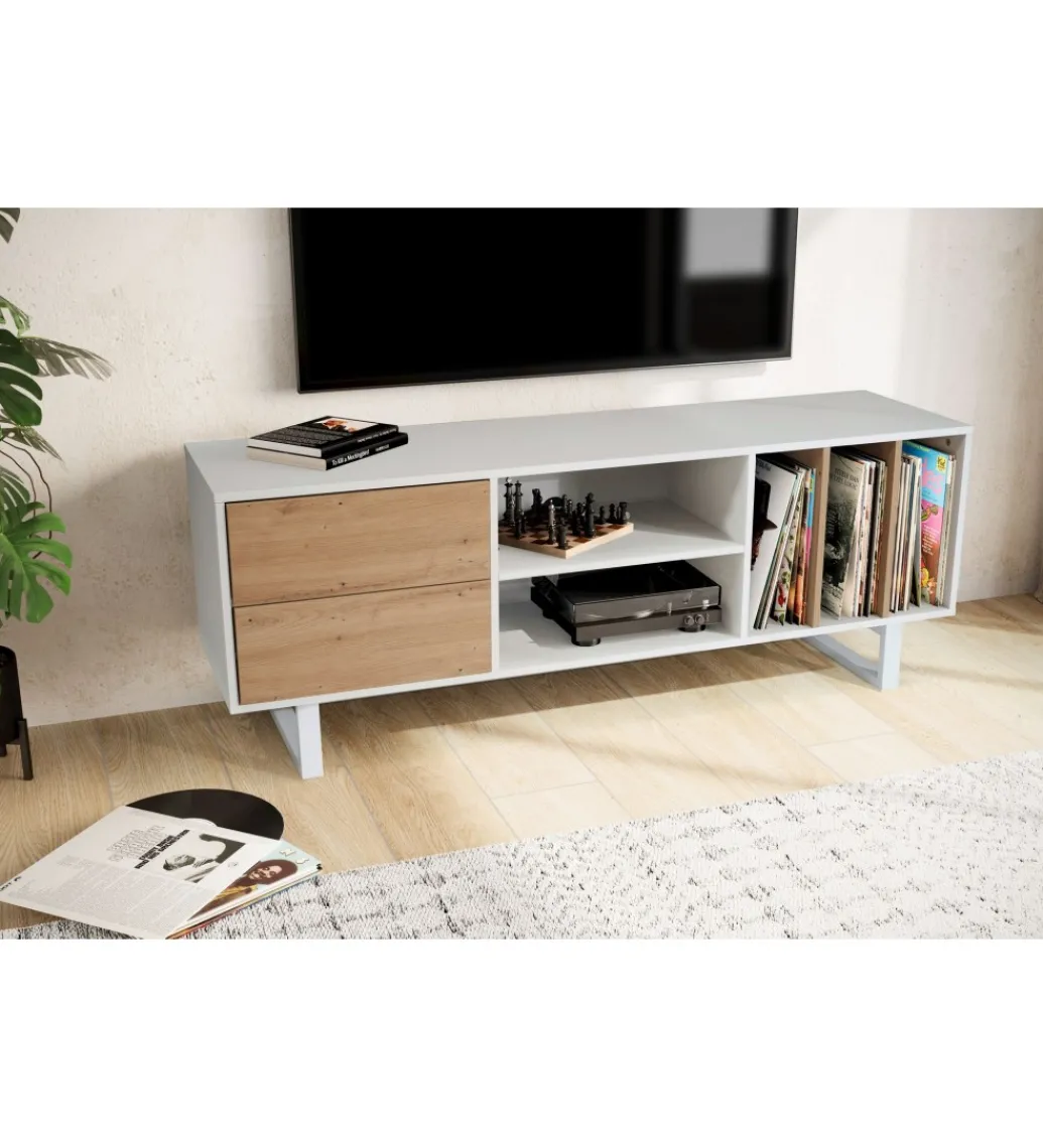 Stolik pod TV GRASSE 150 cm biały z dodatkiem koloru dębowego*WOHNLING, GERMANY Outlet