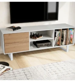 Stolik pod TV GRASSE 150 cm biały z dodatkiem koloru dębowego*WOHNLING, GERMANY Outlet