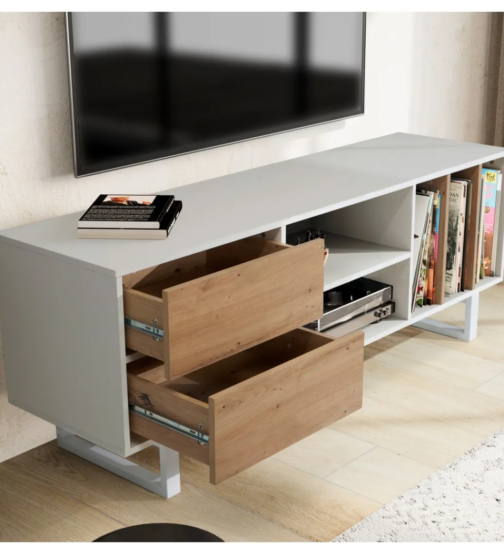 Stolik pod TV GRASSE 150 cm biały z dodatkiem koloru dębowego*WOHNLING, GERMANY Outlet