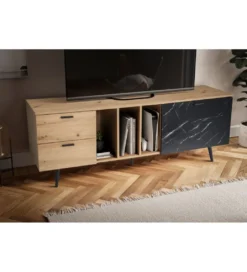 Stolik pod TV MELIOR III150 cm w kolorze dąb z dodatkiem optyki marmuru*WOHNLING, GERMANY Sale