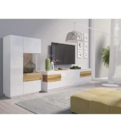 Stolik pod TV SILKE 206 cm biały z dodatkiem koloru dąb Wotan*Helvetia
