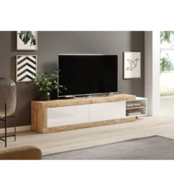 Stolik pod TV SINTRA 200 cm - 241 cm biały z dodatkiem koloru Dąb Samdal*Helvetia