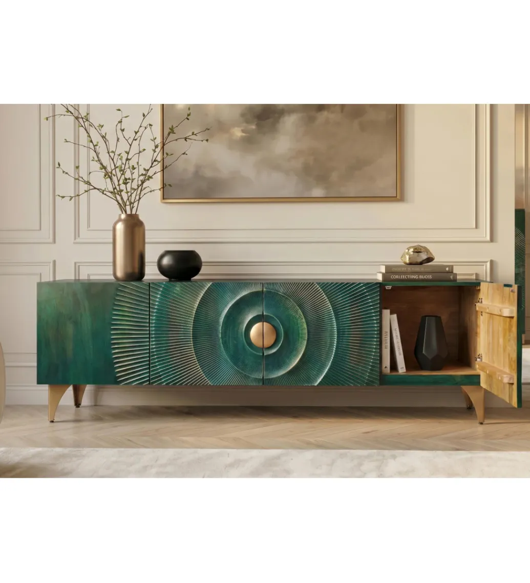 Stolik pod TV SWEET GOLDEN SUNSET 180 cm drewno mango turkusowa*Invicta Interior - przedsprzedaż Online