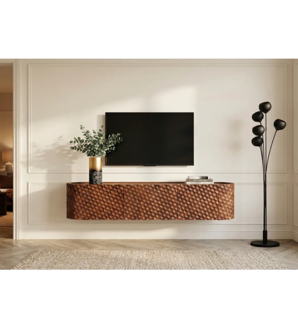 Stolik pod TV wiszący ADLON 160 cm drewno mango wzór 3D*Invicta Interior Online