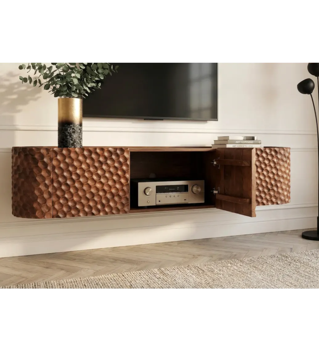 Stolik pod TV wiszący ADLON 160 cm drewno mango wzór 3D*Invicta Interior Online
