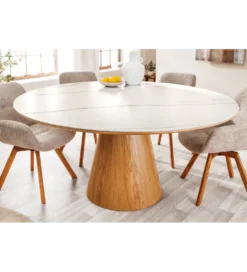 Stół UNIQUE 120 cm drewno dębowe blat ceramika w optyce białego marmuru*Invicta Interior Sale