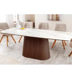 Stół UNIQUE 200 cm drewno orzechowe blat ceramika w optyce białego marmuru*Invicta Interior Online