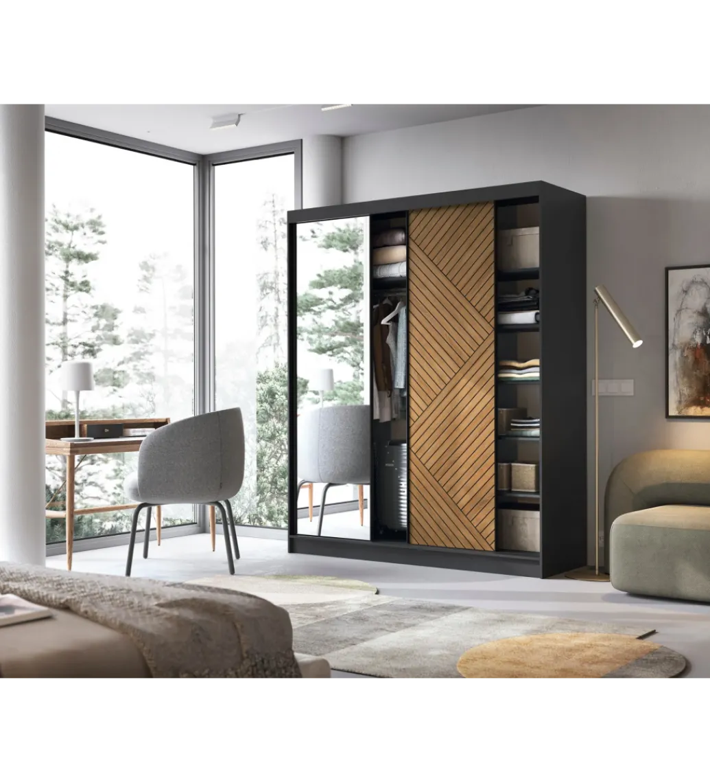 Szafa przesuwna Marrphy III z lustrem 180 cm czarny/dąb caramel*ELTAP New