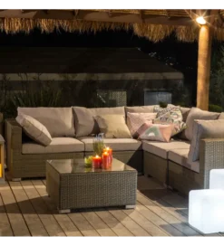 Zestaw ogrodowy TUSERMA 248 cm narożnik 75 cm stolik rattan taupe*Zona-Design Best